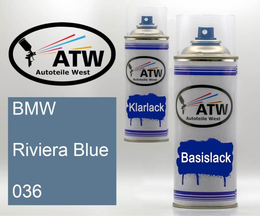 BMW, Riviera Blue, 036: 400ml Sprühdose + 400ml Klarlack - Set, von ATW Autoteile West.